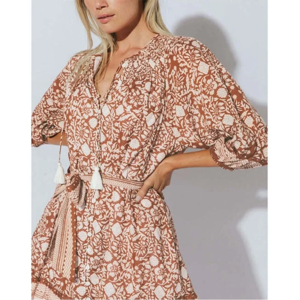 Cleobella Organic Cotton Belted Puff Sleeve Mini Dress Orange Floral Vivian S